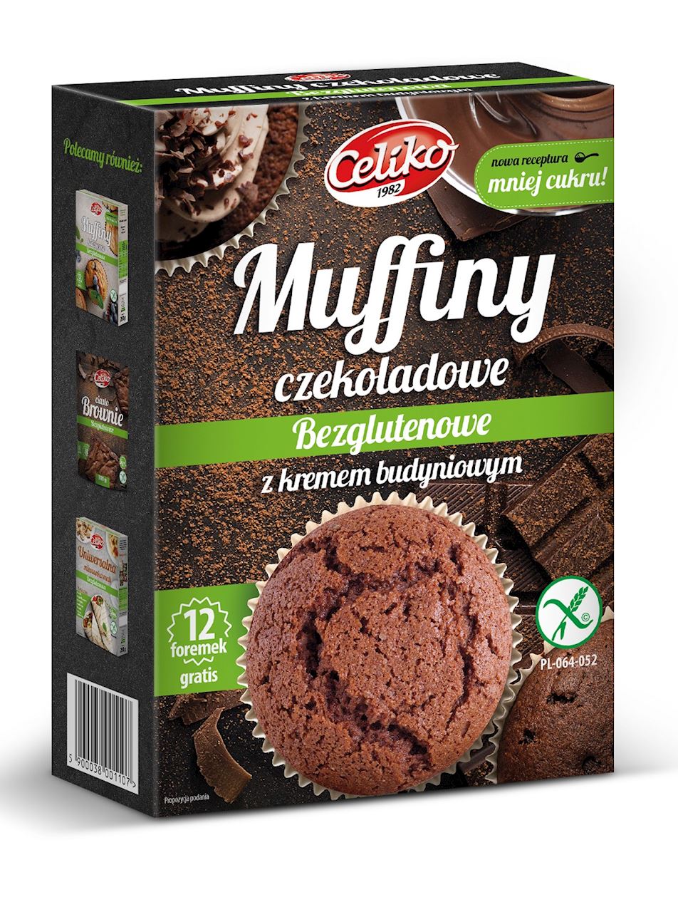 MIESZANKA NA MUFFINY CZEKOLADOWE Z KREMEM BUDYNIOWYM BEZGLUTENOWA 310 g - CELIKO MIESZANKA NA MUFFINY CZEKOLADOWE Z KREMEM BUDYNIOWYM BEZGLUTENOWA 310 g - CELIKO