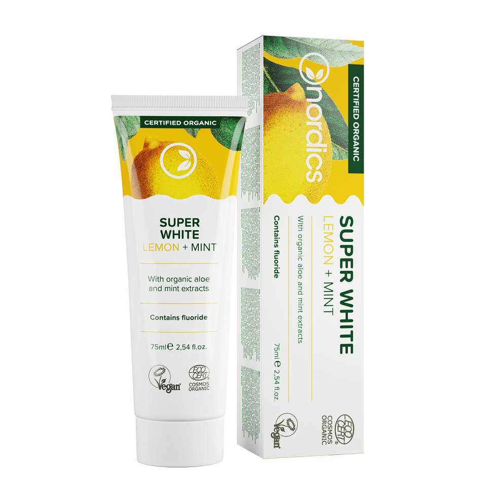 PASTA DO ZĘBÓW SUPER WHITE Z FLUOREM ECO 75 ml - NORDICS PASTA DO ZĘBÓW SUPER WHITE Z FLUOREM ECO 75 ml - NORDICS
