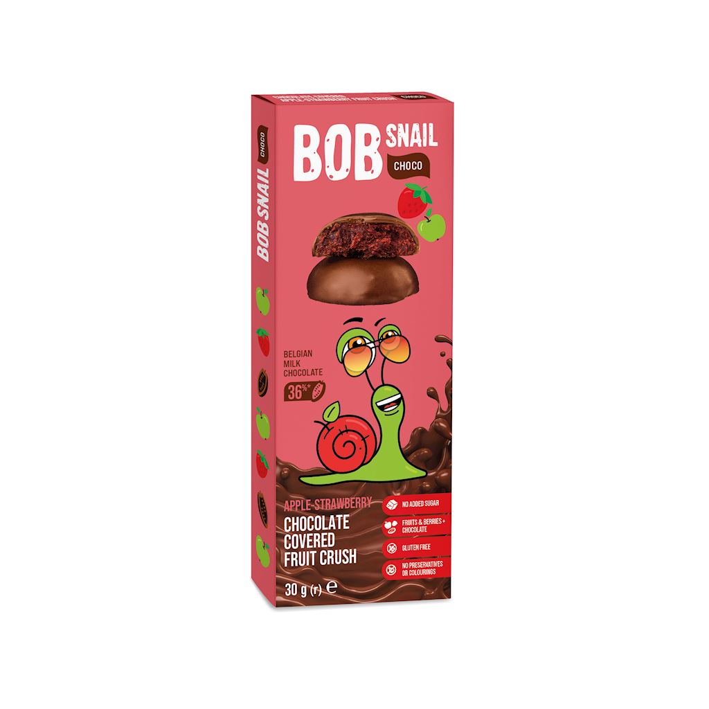 PRZEKĄSKA CHOCO JABŁKO - TRUSKAWKA W MLECZNEJ CZEKOLADZIE BIELGIJSKIEJ BEZ DODATKU CUKRU BEZGLUTENOWA 30 g - BOB SNAIL PRZEKĄSKA CHOCO JABŁKO - TRUSKAWKA W MLECZNEJ CZEKOLADZIE BIELGIJSKIEJ BEZ DODATKU CUKRU BEZGLUTENOWA 30 g - BOB SNAIL