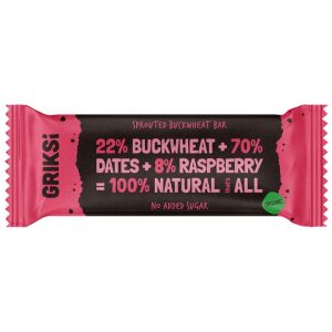 BATON ZE SKIEŁKOWANĄ GRYKĄ I MALINAMI RAW BEZ DODATKU CUKRU BEZGLUTENOWY BIO 35 g - GRIKSI