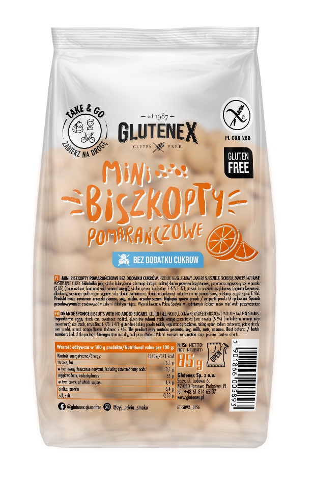 BISZKOPTY MINI POMARAŃCZOWE BEZ DODATKU CUKRÓW BEZGLUTENOWE 85 g - GLUTENEX BISZKOPTY MINI POMARAŃCZOWE BEZ DODATKU CUKRÓW BEZGLUTENOWE 85 g - GLUTENEX