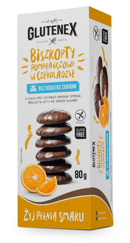 BISZKOPTY POMARAŃCZOWE W CZEKOLADZIE BEZ DODATKU CUKRÓW BEZGLUTENOWE 80 g - GLUTENEX BISZKOPTY POMARAŃCZOWE W CZEKOLADZIE BEZ DODATKU CUKRÓW BEZGLUTENOWE 80 g - GLUTENEX