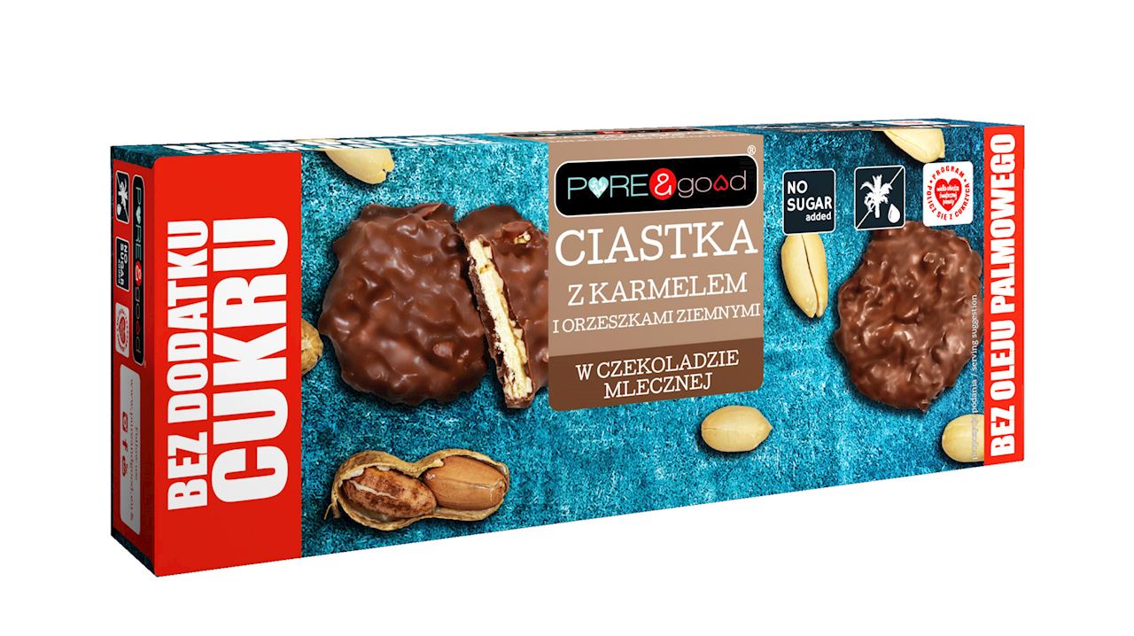 CIASTKA Z KARMELEM I ORZESZKAMI ZIEMNYMI W CZEKOLADZIE MLECZNEJ BEZ DODATKU CUKRU 128 g - PURE&GOOD CIASTKA Z KARMELEM I ORZESZKAMI ZIEMNYMI W CZEKOLADZIE MLECZNEJ BEZ DODATKU CUKRU 128 g - PURE&GOOD