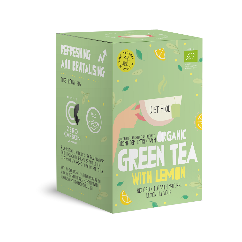HERBATA ZIELONA O SMAKU CYTRYNOWYM (GREEN TEA WITH LEMON) BIO (20 x 2 g) 40 g - DIET-FOOD HERBATA ZIELONA O SMAKU CYTRYNOWYM (GREEN TEA WITH LEMON) BIO (20 x 2 g) 40 g - DIET-FOOD