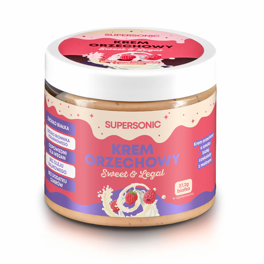 KREM ORZECHOWY O SMAKU BIAŁEJ CZEKOLADY Z MALINAMI 160 g - SUPERSONIC KREM ORZECHOWY O SMAKU BIAŁEJ CZEKOLADY Z MALINAMI 160 g - SUPERSONIC