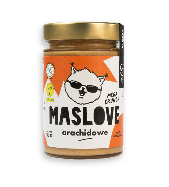 KREM Z ORZESZKÓW ZIEMNYCH MEGA CRUNCHY BEZGLUTENOWY 290 g - MASLOVE KREM Z ORZESZKÓW ZIEMNYCH MEGA CRUNCHY BEZGLUTENOWY 290 g - MASLOVE
