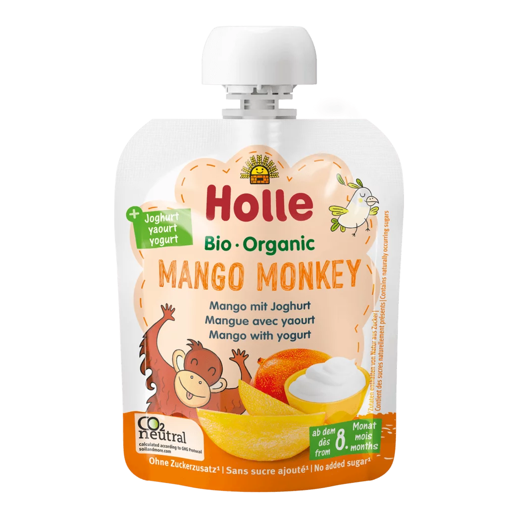 MUS W TUBCE MANGO MAŁPKA (MANGO - JOGURT) BEZ DODATKU CUKRÓW OD 8 MIESIĄCA BIO 85 g - HOLLE MUS W TUBCE MANGO MAŁPKA (MANGO - JOGURT) BEZ DODATKU CUKRÓW OD 8 MIESIĄCA BIO 85 g - HOLLE