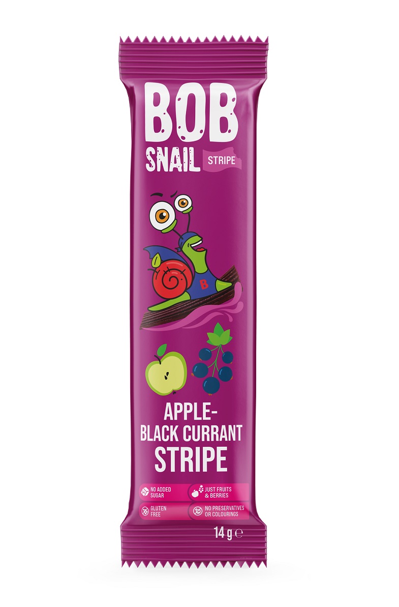 PRZEKĄSKA STRIPE JABŁKO - CZARNA PORZECZKA BEZ DODATKU CUKRU BEZGLUTENOWA 14 g - BOB SNAIL PRZEKĄSKA STRIPE JABŁKO - CZARNA PORZECZKA BEZ DODATKU CUKRU BEZGLUTENOWA 14 g - BOB SNAIL