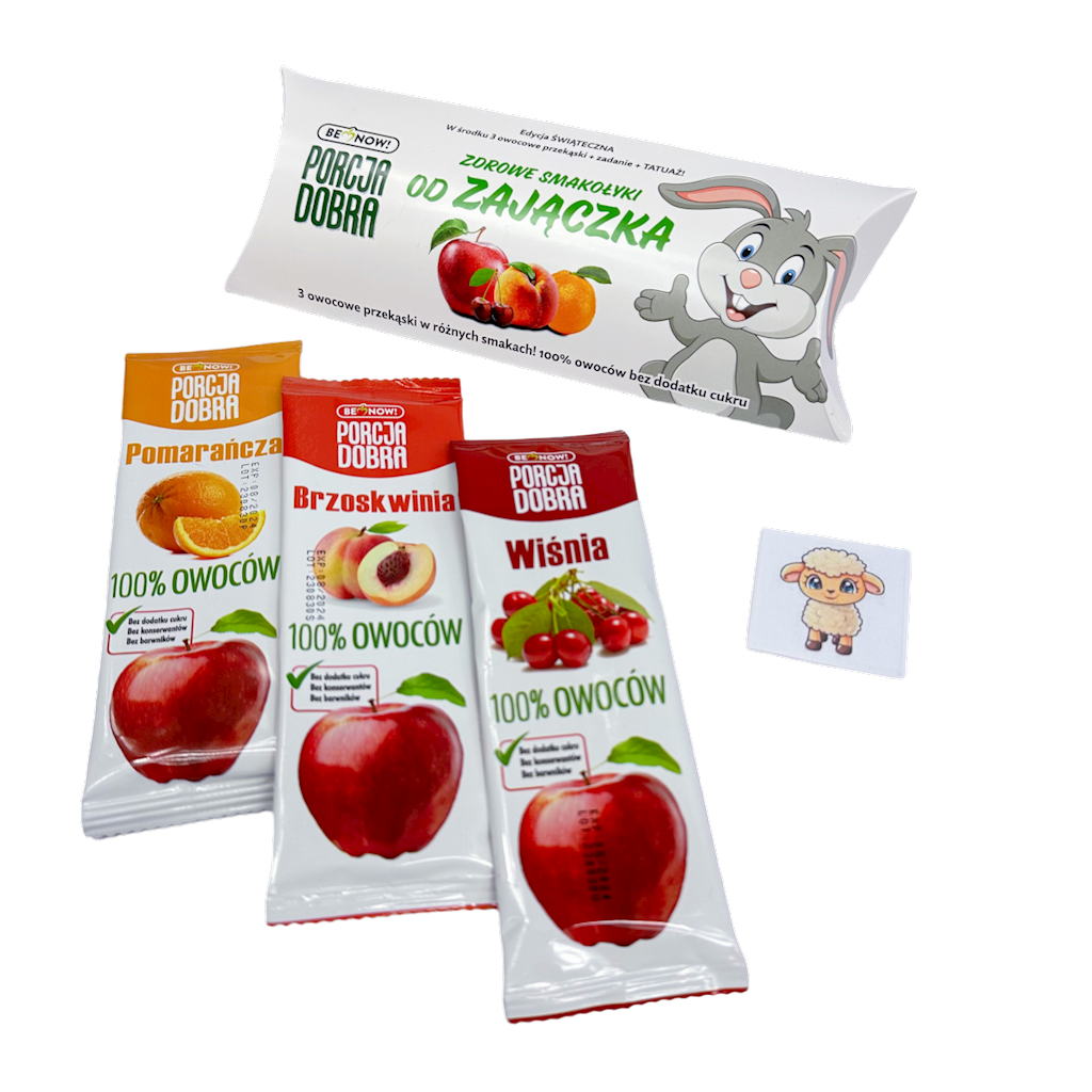 SMAKOŁYKI OD ZAJĄCZKA (3 OWOCOWE PRZEKĄSKI + TATUAŻ) 48 g - PORCJA DOBRA (EDYCJA ŚWIĄTECZNA) SMAKOŁYKI OD ZAJĄCZKA (3 OWOCOWE PRZEKĄSKI + TATUAŻ) 48 g - PORCJA DOBRA (EDYCJA ŚWIĄTECZNA)